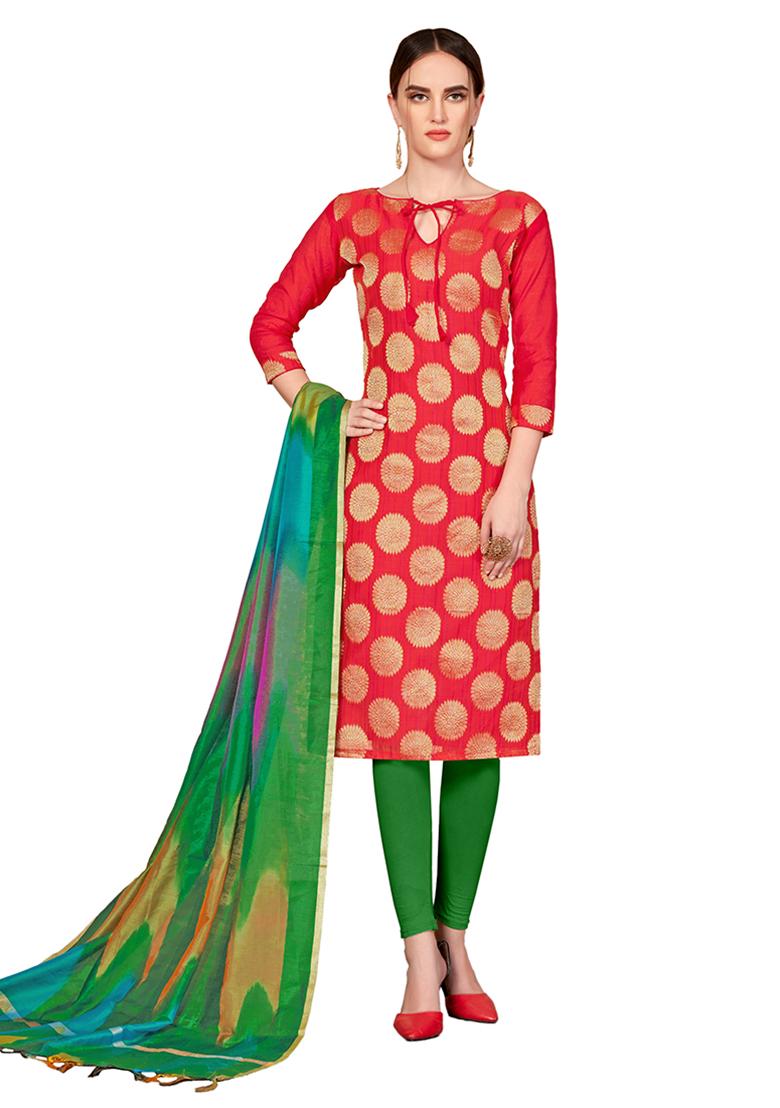 Peach Embroidered Silk Dress Material