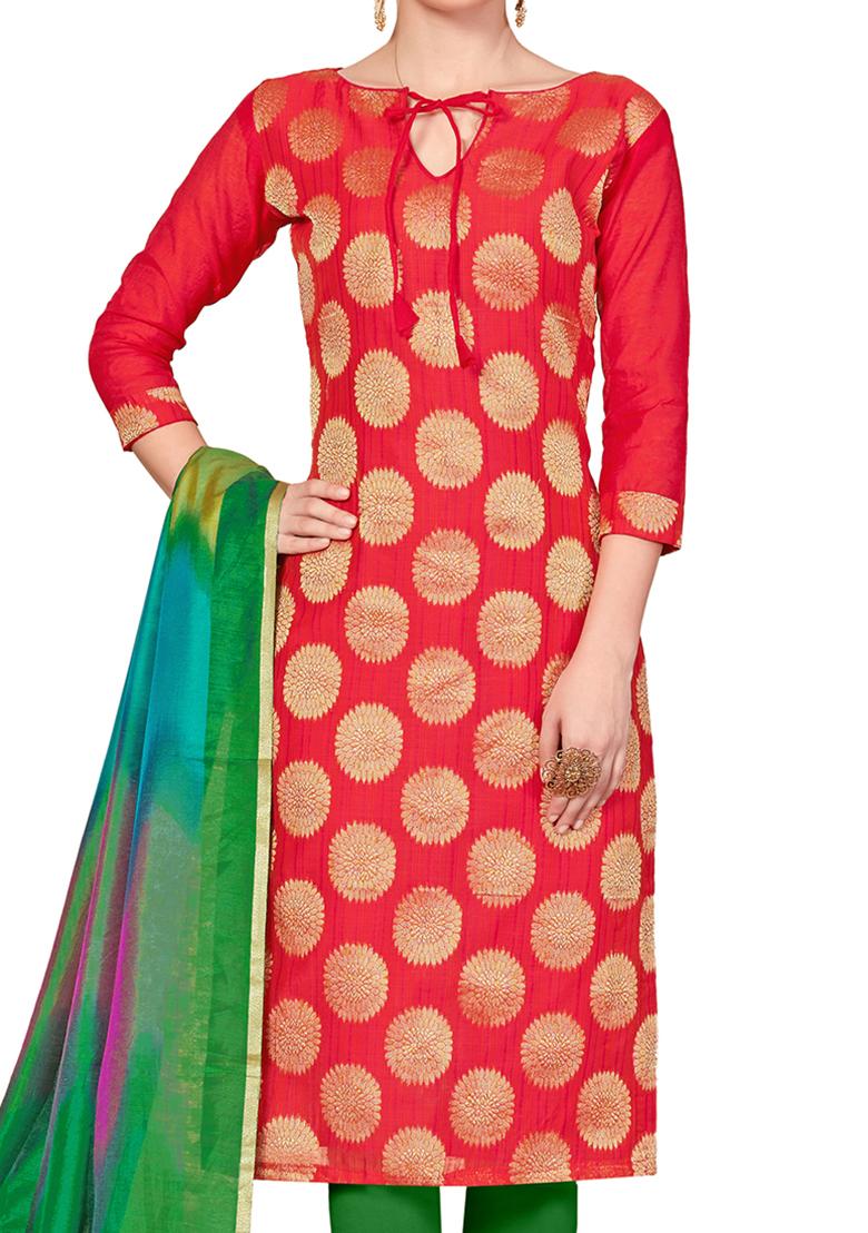 Peach Embroidered Silk Dress Material