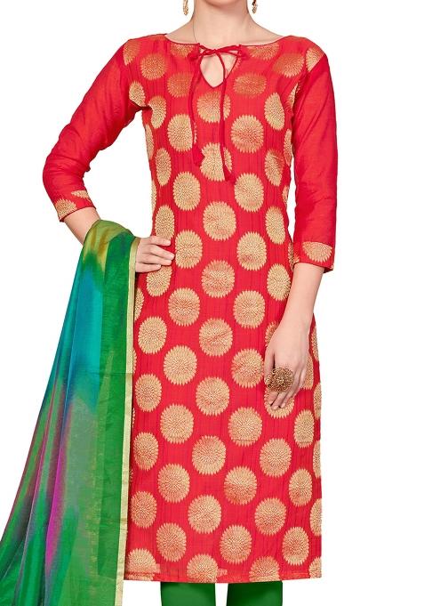 Peach Embroidered Silk Dress Material