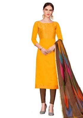 Yellow Embroidered Silk Dress Material