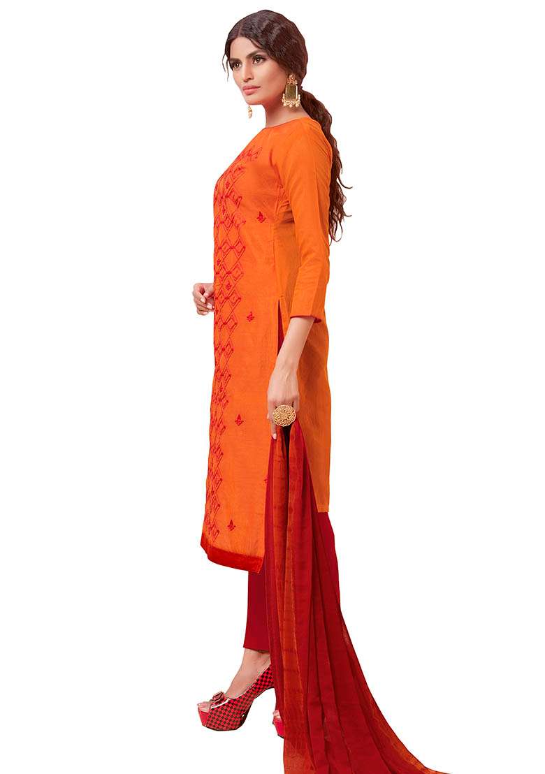 Orange Embroidered Blended Pakistani Suit Set - Indya