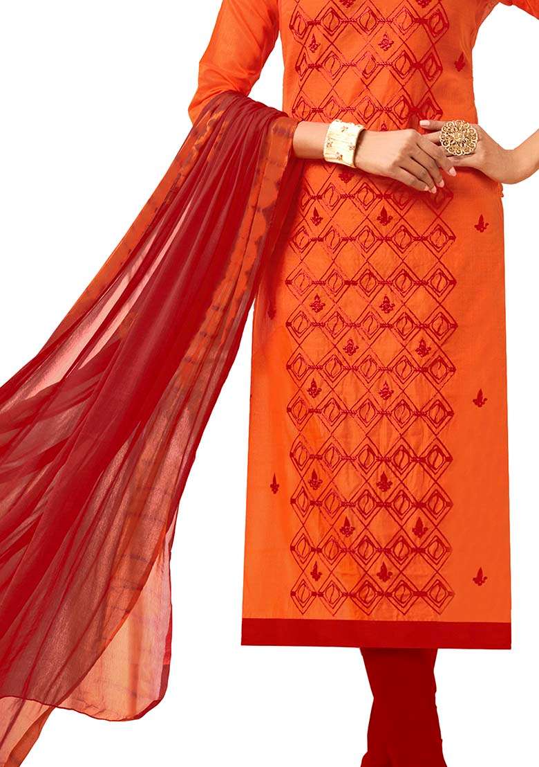 Orange Embroidered Blended Pakistani Suit Set - Indya