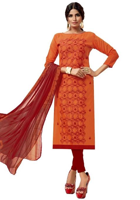 Orange Embroidered Cotton Blend Dress Material