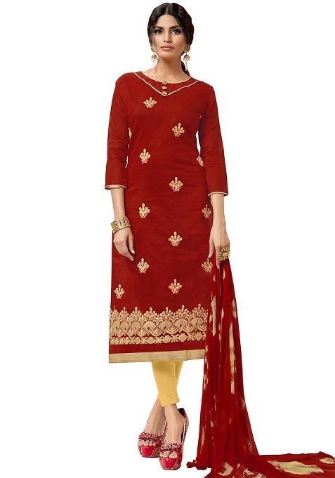 Red Embroidered Cotton Blend Dress Material