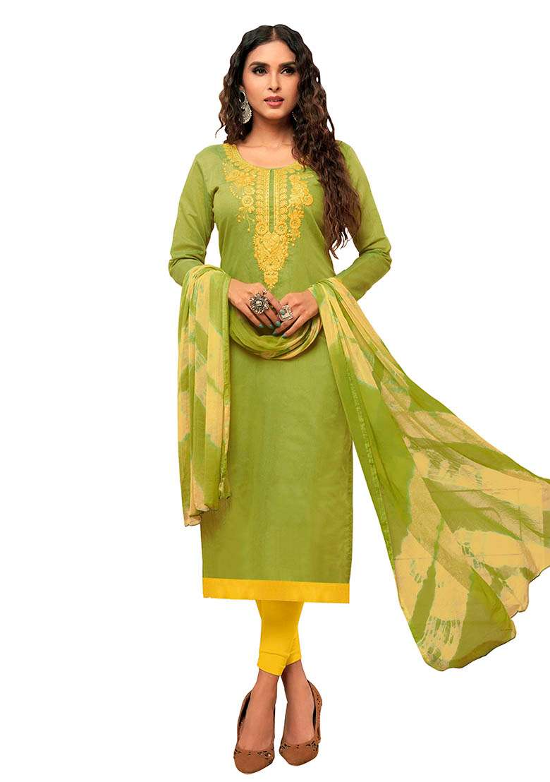 Light Green Embroidered Cotton Pakistani Suit Set - Indya