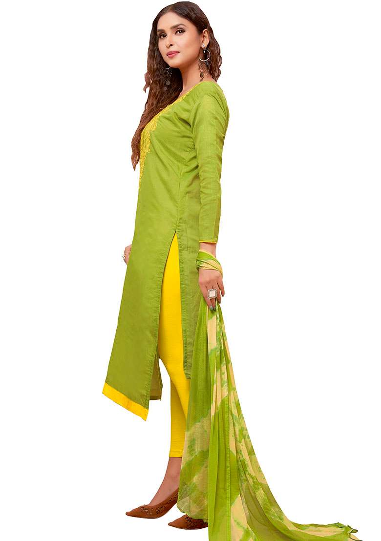 Light Green Embroidered Cotton Pakistani Suit Set - Indya