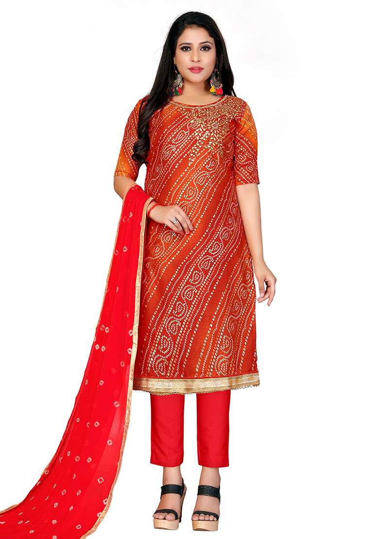 Red Bandhani Blended Pakistani Suit Set - Indya