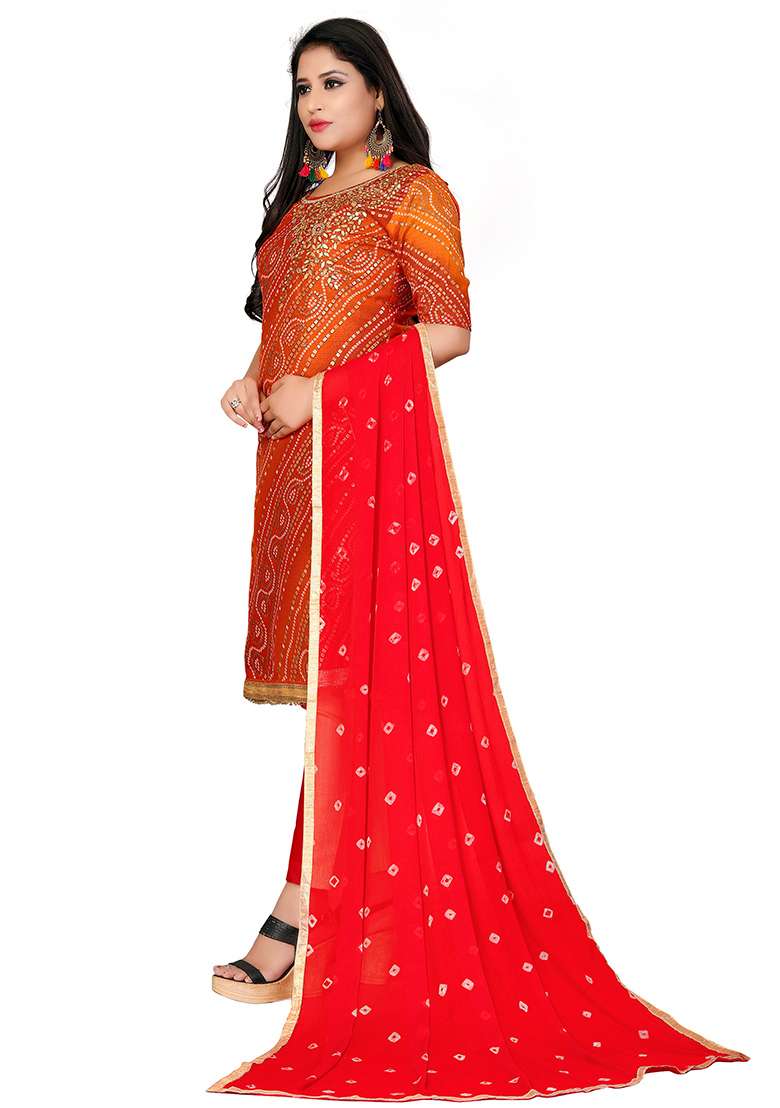 Red Bandhani Blended Pakistani Suit Set - Indya