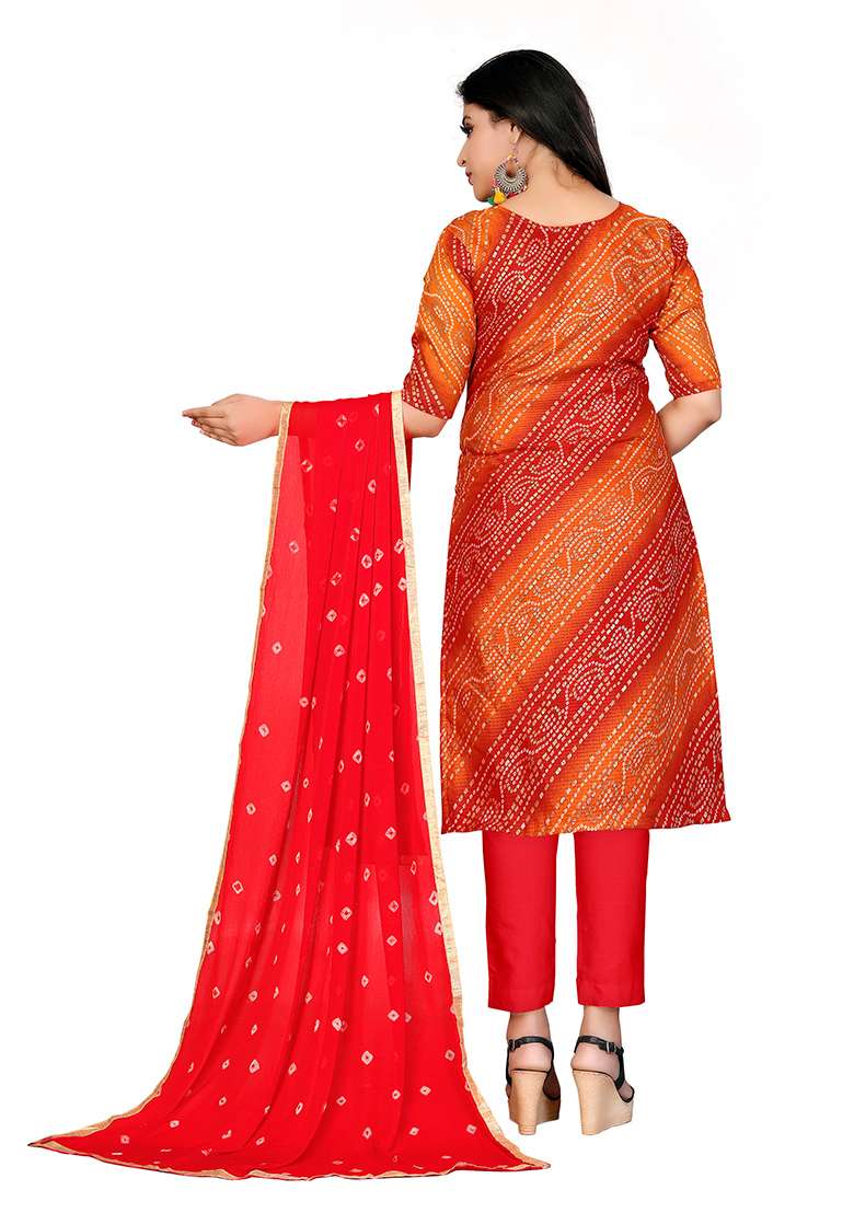 Red Bandhani Blended Pakistani Suit Set - Indya