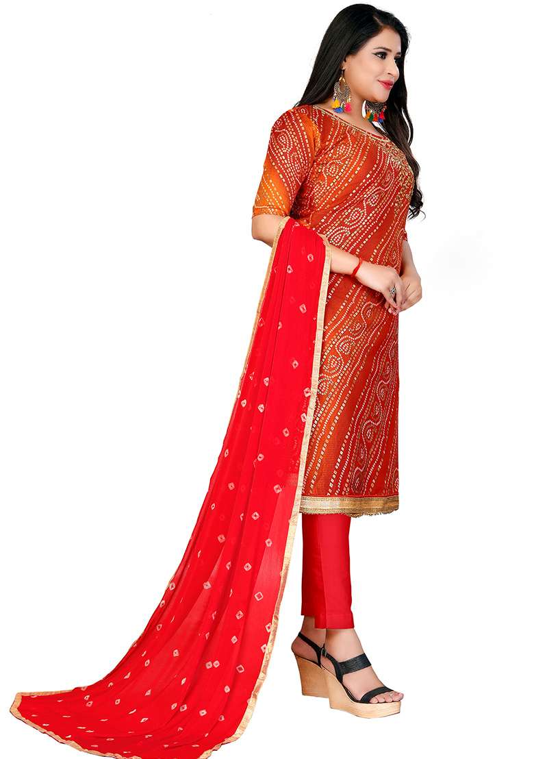 Red Bandhani Blended Pakistani Suit Set - Indya