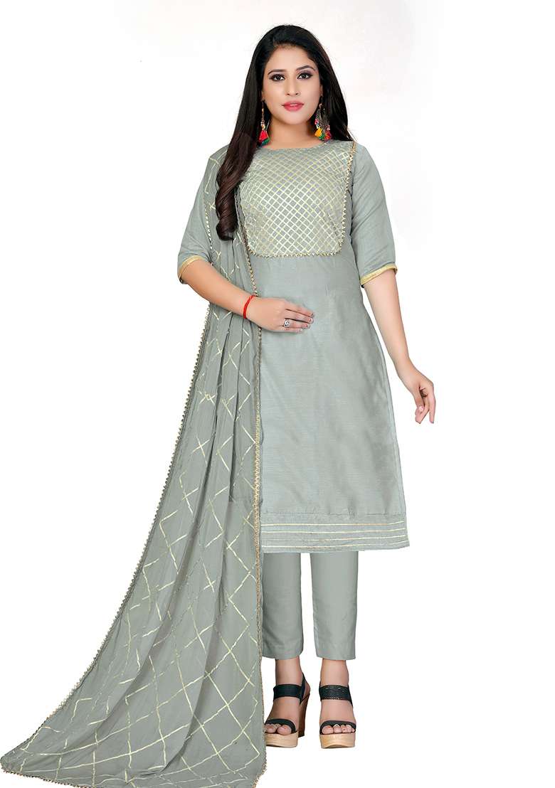 Grey Embroidered Blended Straight Kurta Set - Indya