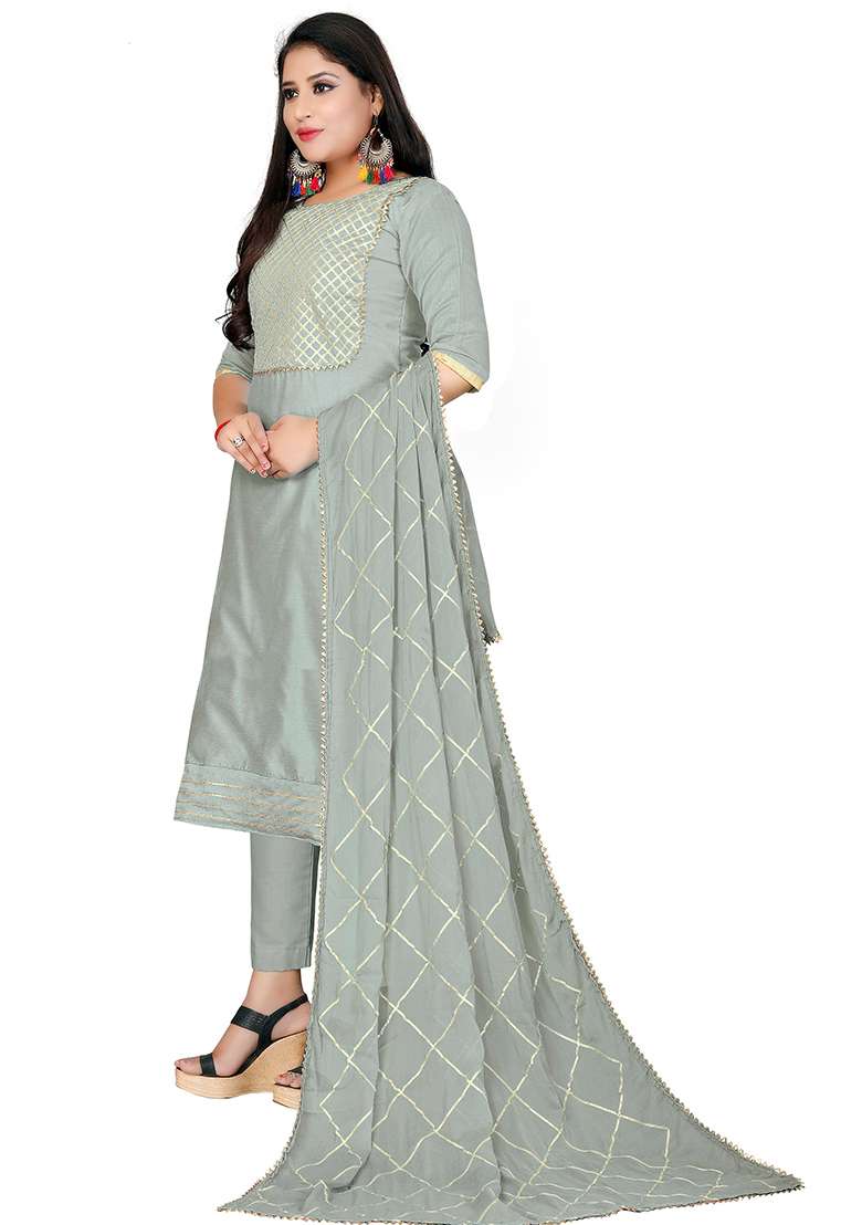 Grey Embroidered Blended Straight Kurta Set - Indya