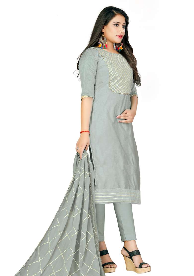 Grey Embroidered Blended Straight Kurta Set - Indya