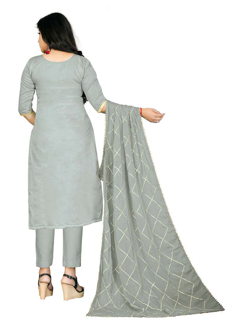 Grey Embroidered Blended Straight Kurta Set - Indya