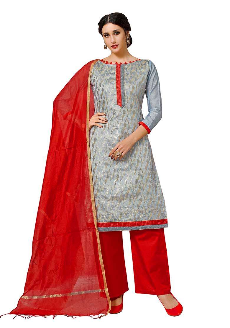 Grey Embroidered Silk Dress Material - Indya