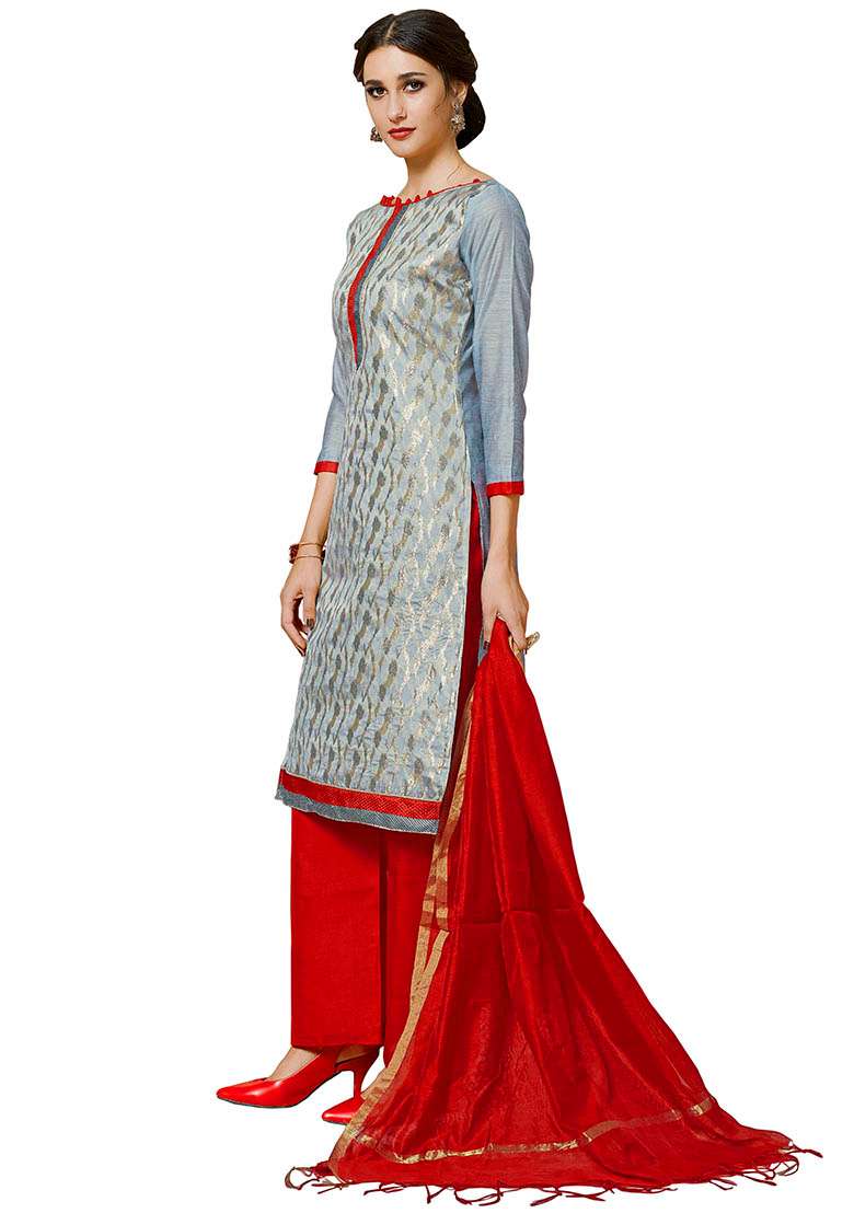 Grey Embroidered Silk Dress Material - Indya