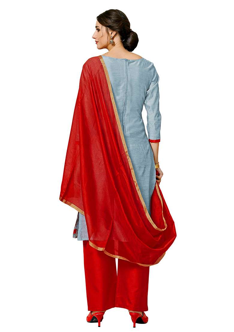 Grey Embroidered Silk Dress Material - Indya