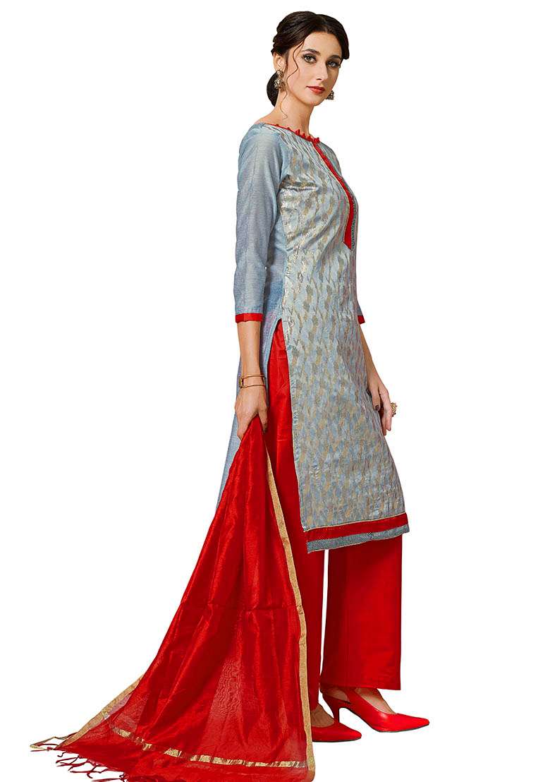 Grey Embroidered Silk Dress Material - Indya
