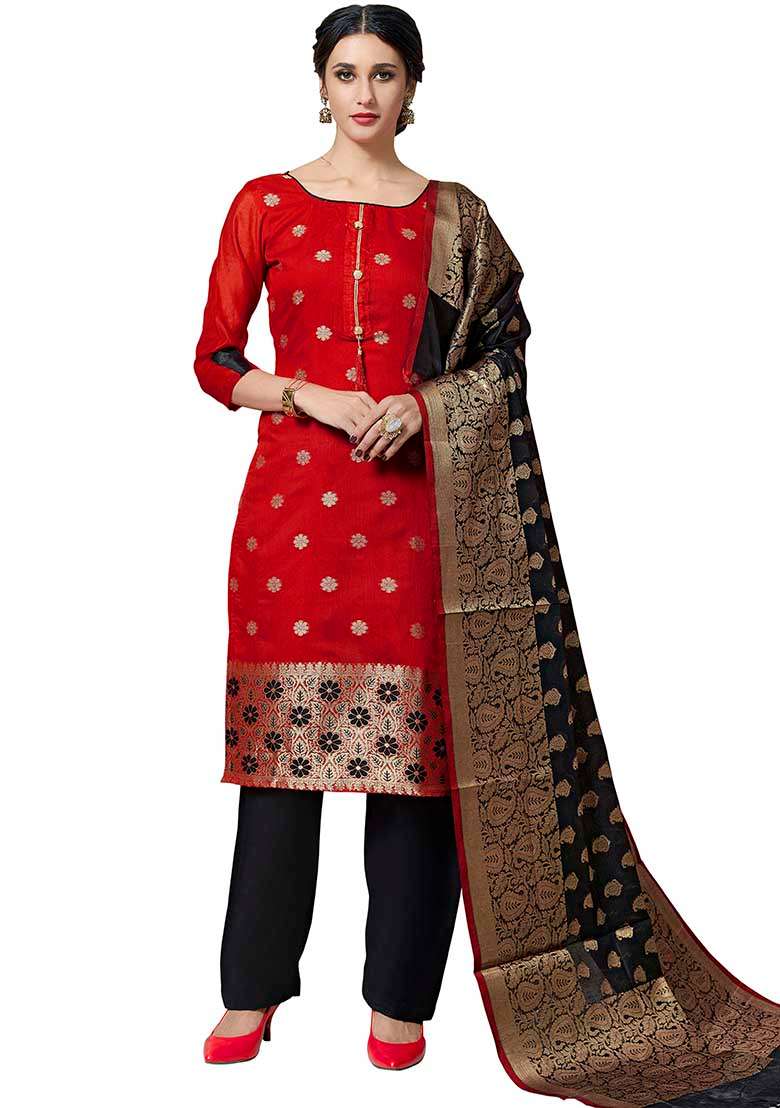 Red Jacquard Silk Blend Pakistani Suit Set - Indya