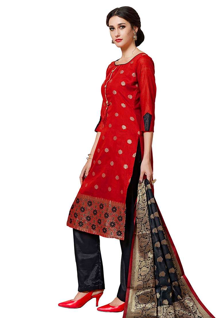 Red Jacquard Silk Blend Pakistani Suit Set - Indya