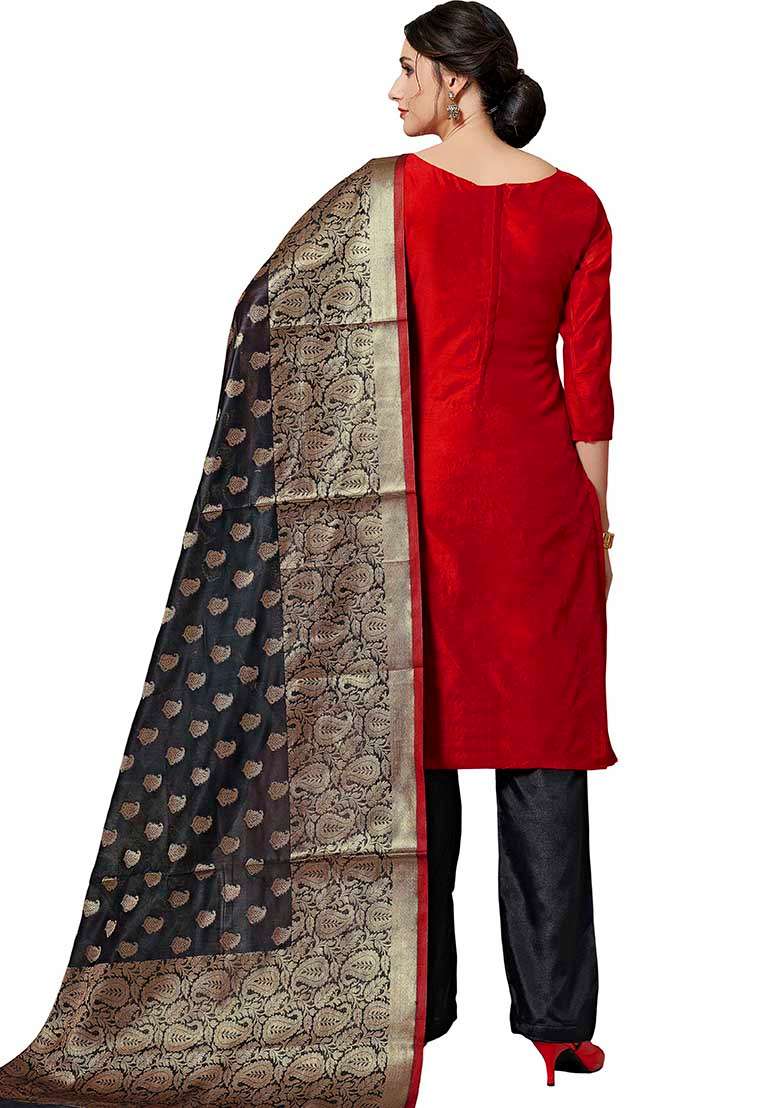 Red Jacquard Silk Blend Pakistani Suit Set - Indya