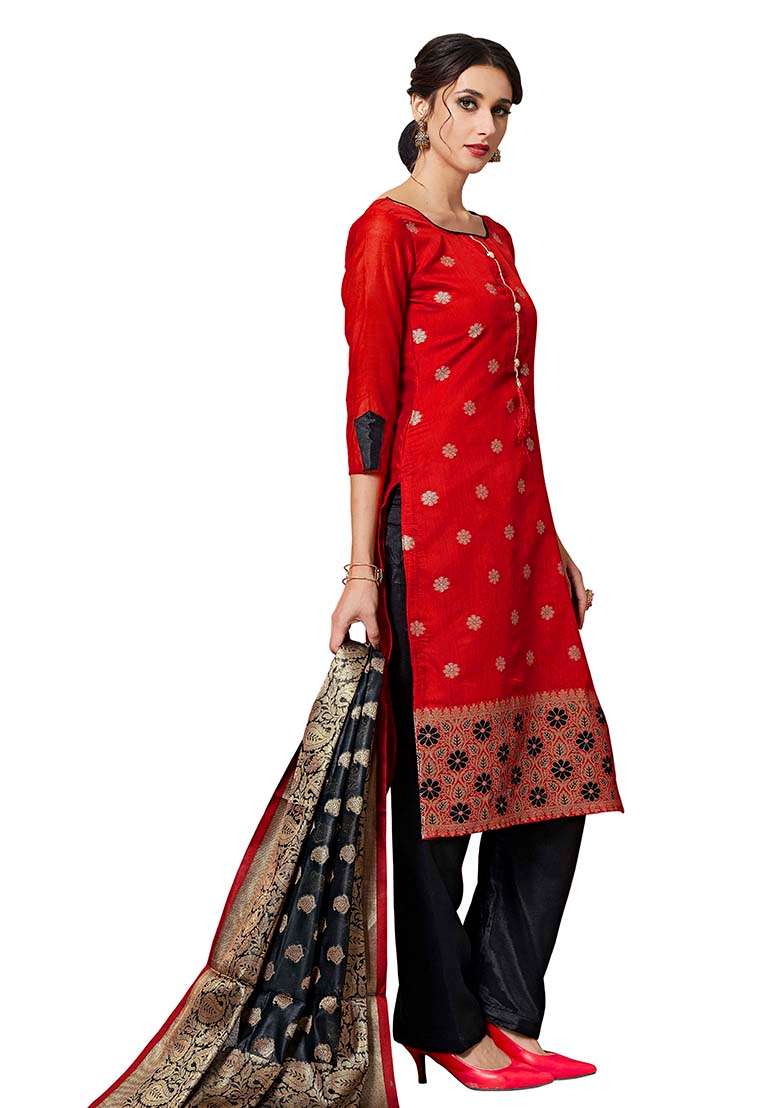 Red Jacquard Silk Blend Pakistani Suit Set - Indya