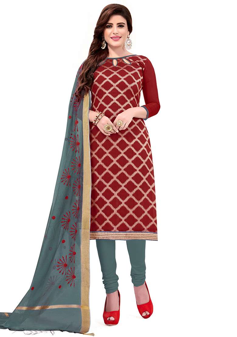 Maroon Printed Jacquard Straight Kurta Set - Indya