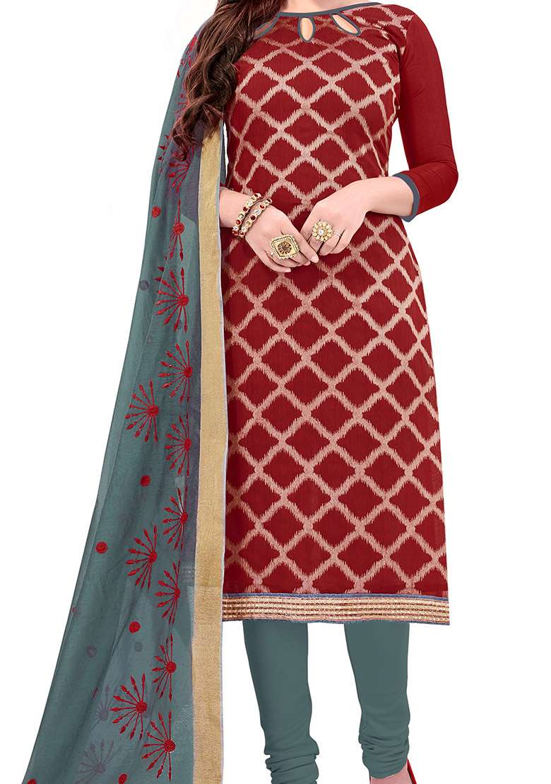 Maroon Printed Jacquard Straight Kurta Set - Indya