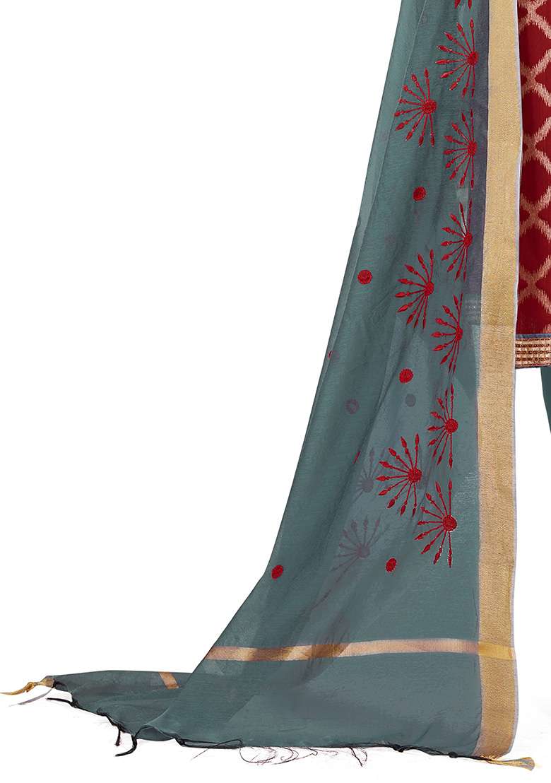 Maroon Printed Jacquard Straight Kurta Set - Indya