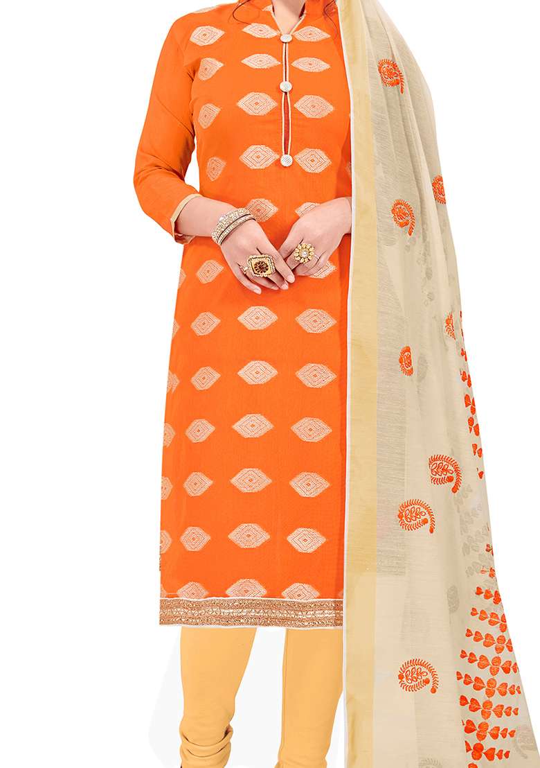 Orange Jacquard Jacquard Pakistani Suit Set - Indya