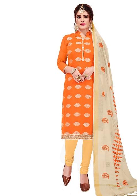 Orange Embroidered Jacquard Dress Material