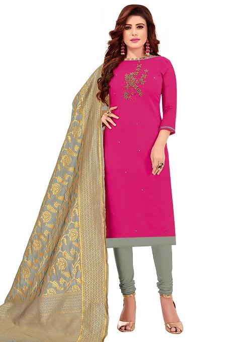 Pink Embroidered Blended Straight Kurta Set