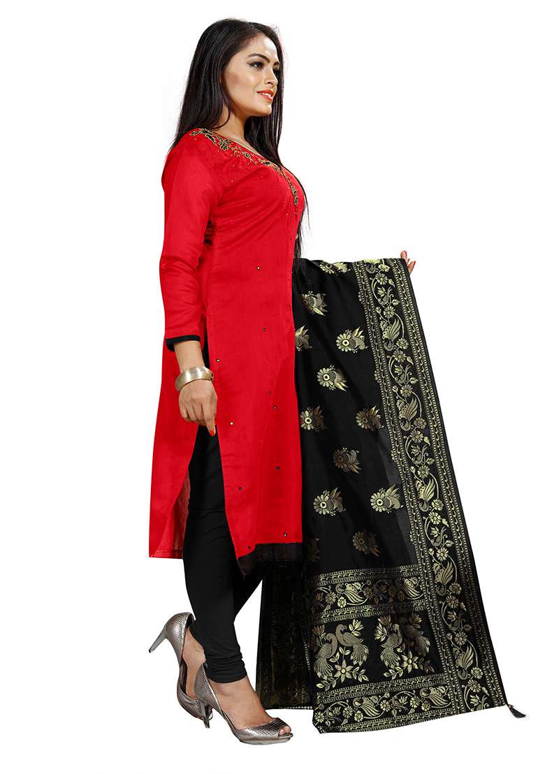 Red Embroidered Blended Pakistani Suit Set - Indya