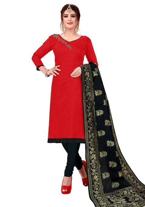 Red Embroidered Cotton Blend Dress Material