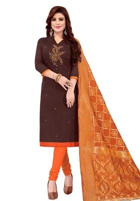 Brown Embroidered Cotton Blend Dress Material