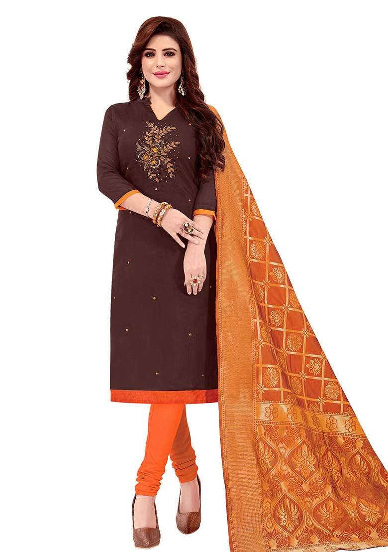 Brown Embroidered Blended Straight Kurta Set - Indya