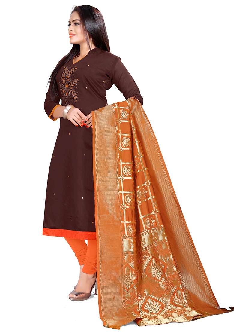 Brown Embroidered Blended Straight Kurta Set - Indya