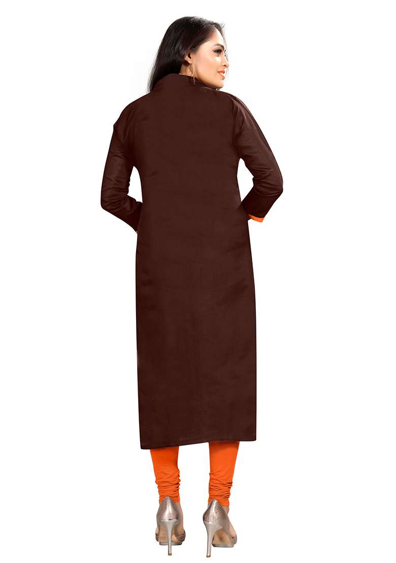 Brown Embroidered Blended Straight Kurta Set - Indya