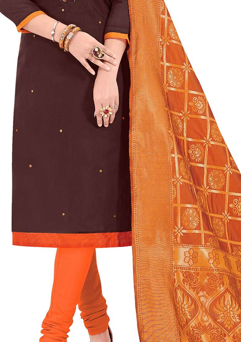 Brown Embroidered Blended Straight Kurta Set - Indya