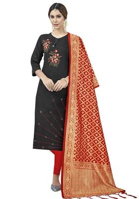 Black Embroidered Cotton Blend Dress Material