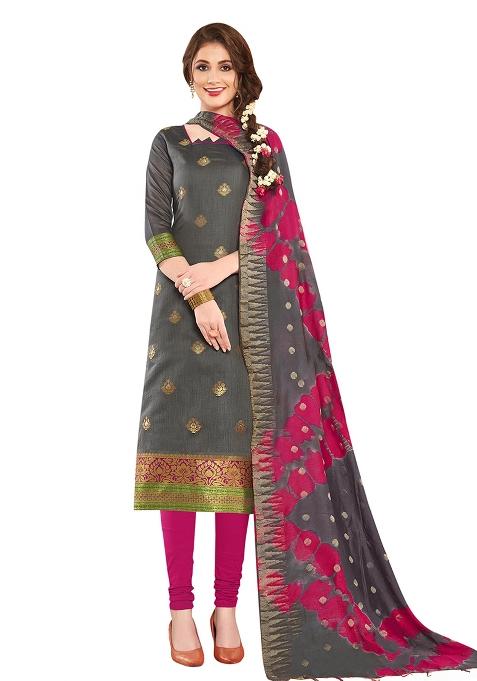 Grey Embroidered Silk Dress Material