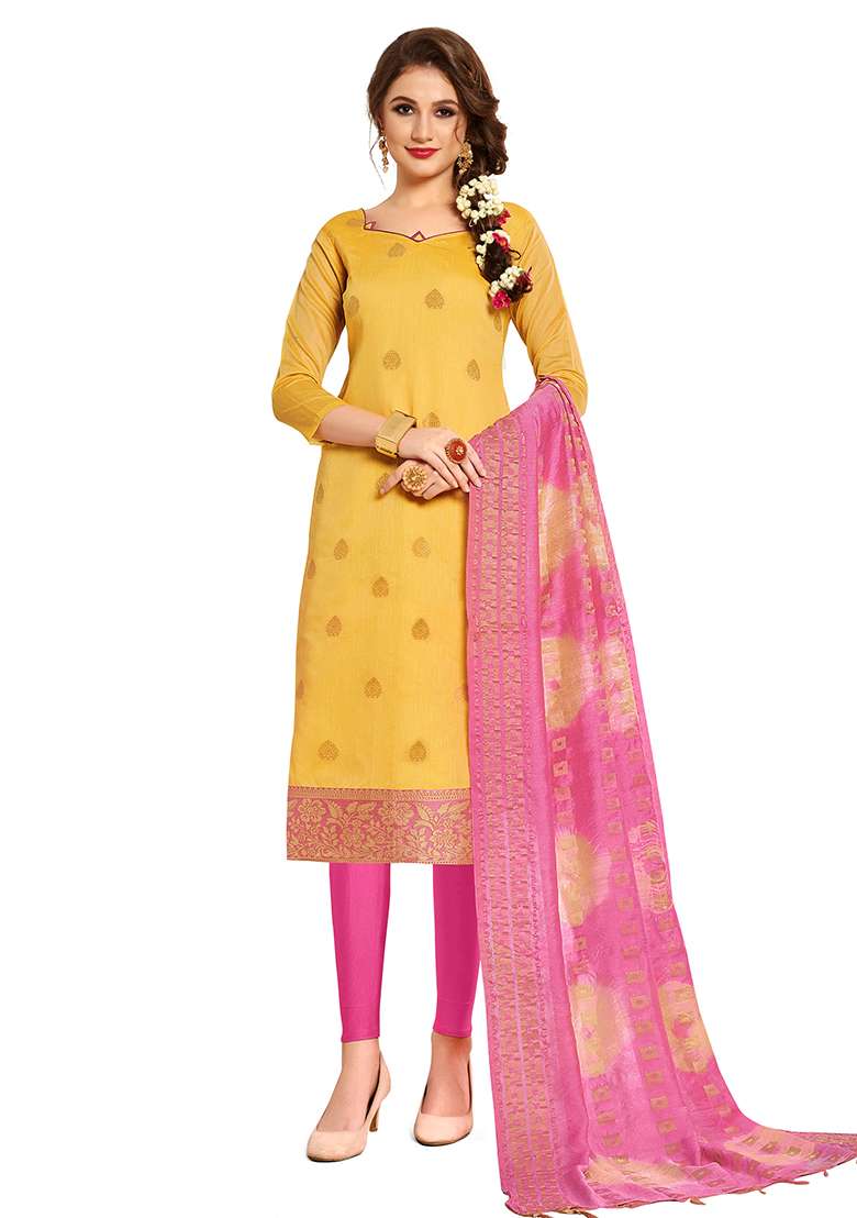 Yellow Embroidered Silk Dress Material - Indya