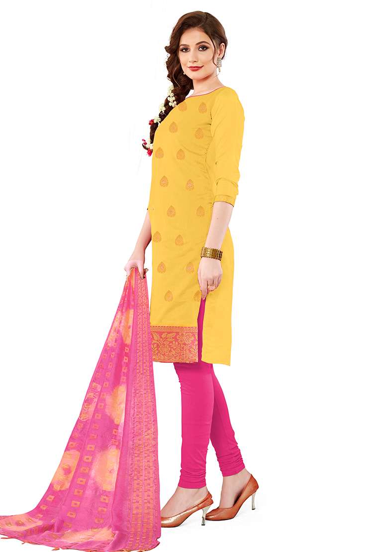 Yellow Embroidered Silk Dress Material - Indya