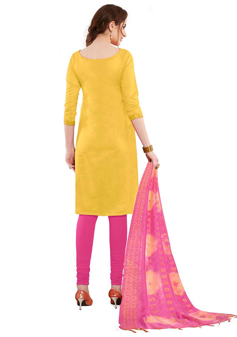 Yellow Embroidered Silk Dress Material - Indya