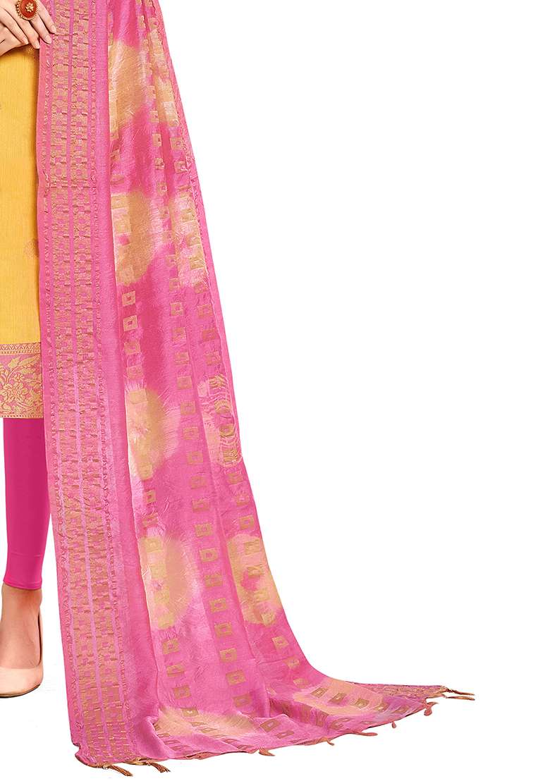 Yellow Embroidered Silk Dress Material - Indya