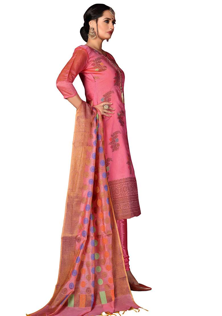 Pink Jacquard Silk Blend Straight Kurta Set - Indya