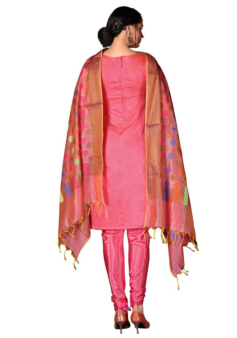 Pink Jacquard Silk Blend Straight Kurta Set - Indya