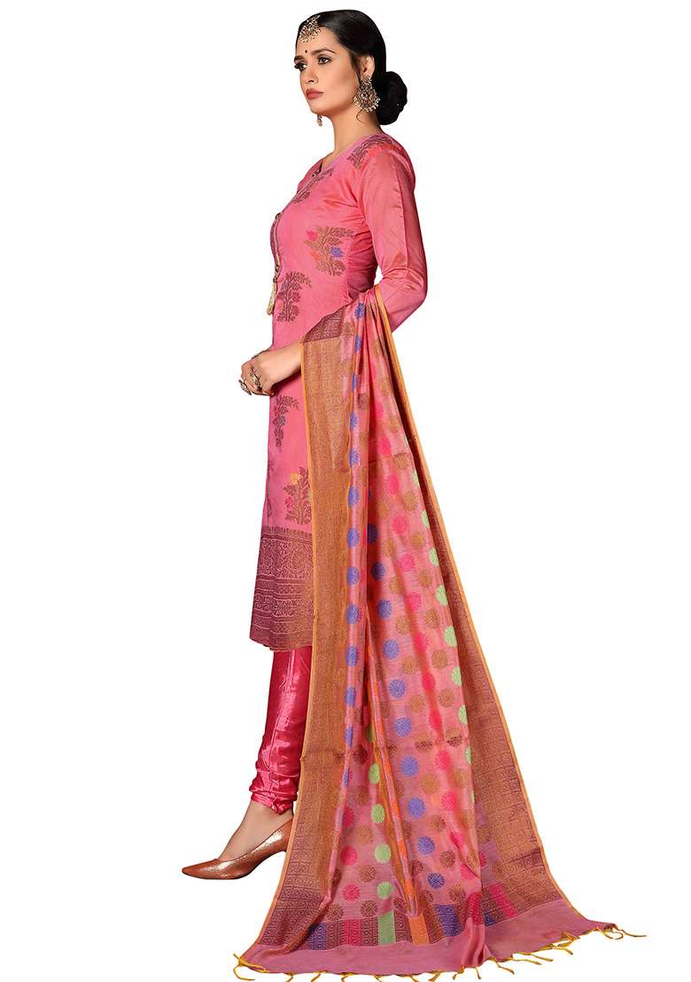 Pink Jacquard Silk Blend Straight Kurta Set - Indya