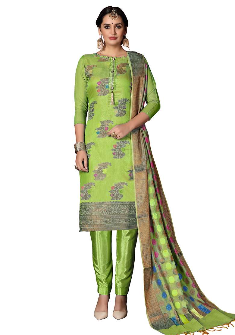 Light Green Jacquard Silk Blend Pakistani Suit Set - Indya