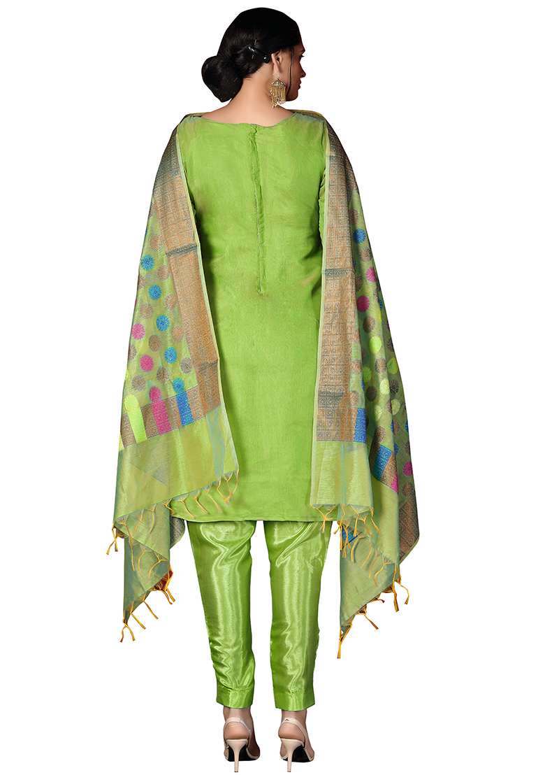 Light Green Jacquard Silk Blend Pakistani Suit Set - Indya